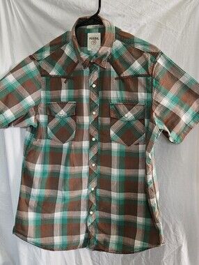 Fossil Men's Teal and Brown Plaid Short-Sleeve Button-Down Shirt